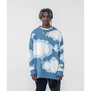 HARSH AND CRUEL sz L Blue Sky Ripped Sweater Cloud Novelty Print Oversized Comfy